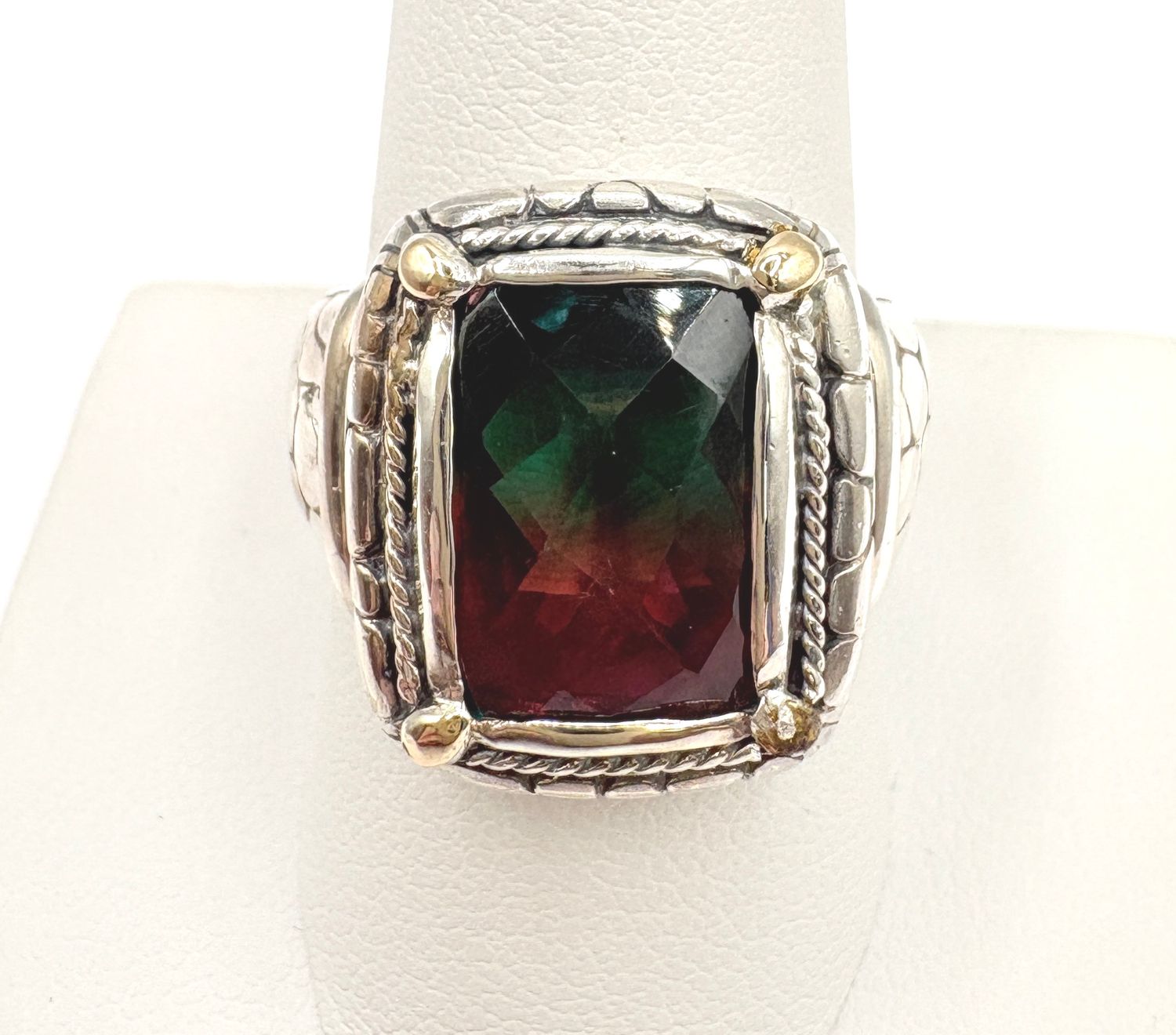 STERLING CREATED GREEN &amp; PINK RING SIZE 10