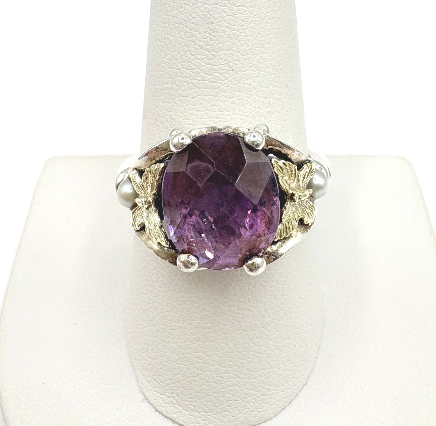 STERLING AMETHYST &amp; PEARL RING SIZE 10