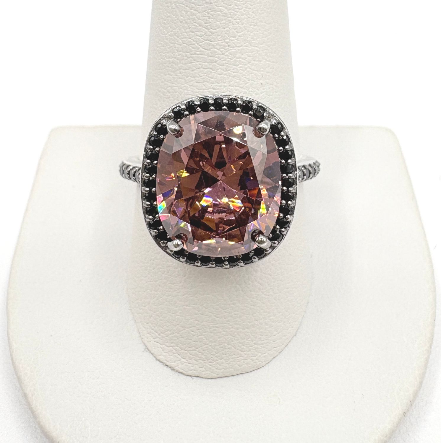 STERLING PINK STONE WITH BLACVK STONE HALO RING SIZE 10