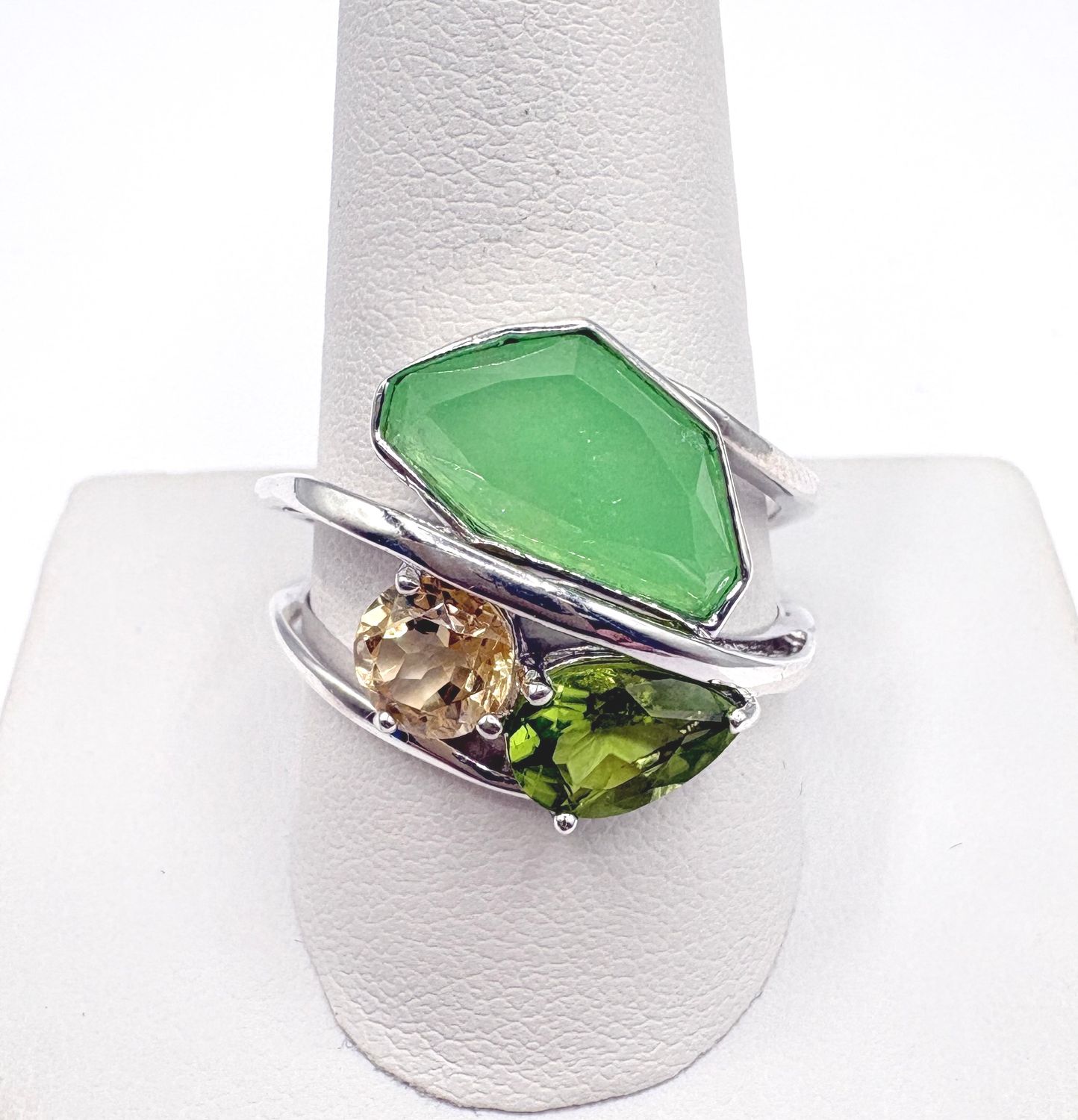 STERLING CALCHEDONY, PERIDOT, &amp; CITRINE RING BY ELLE SIZE 11