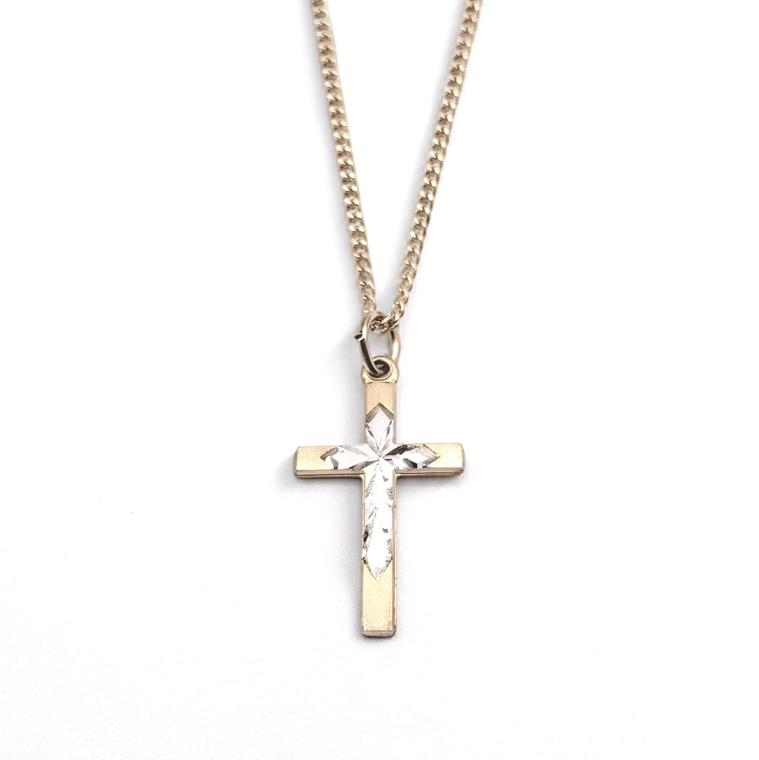 14K GOLD FILLED TWO TONE ETCHED CROSS WITH CHAIN 20"
