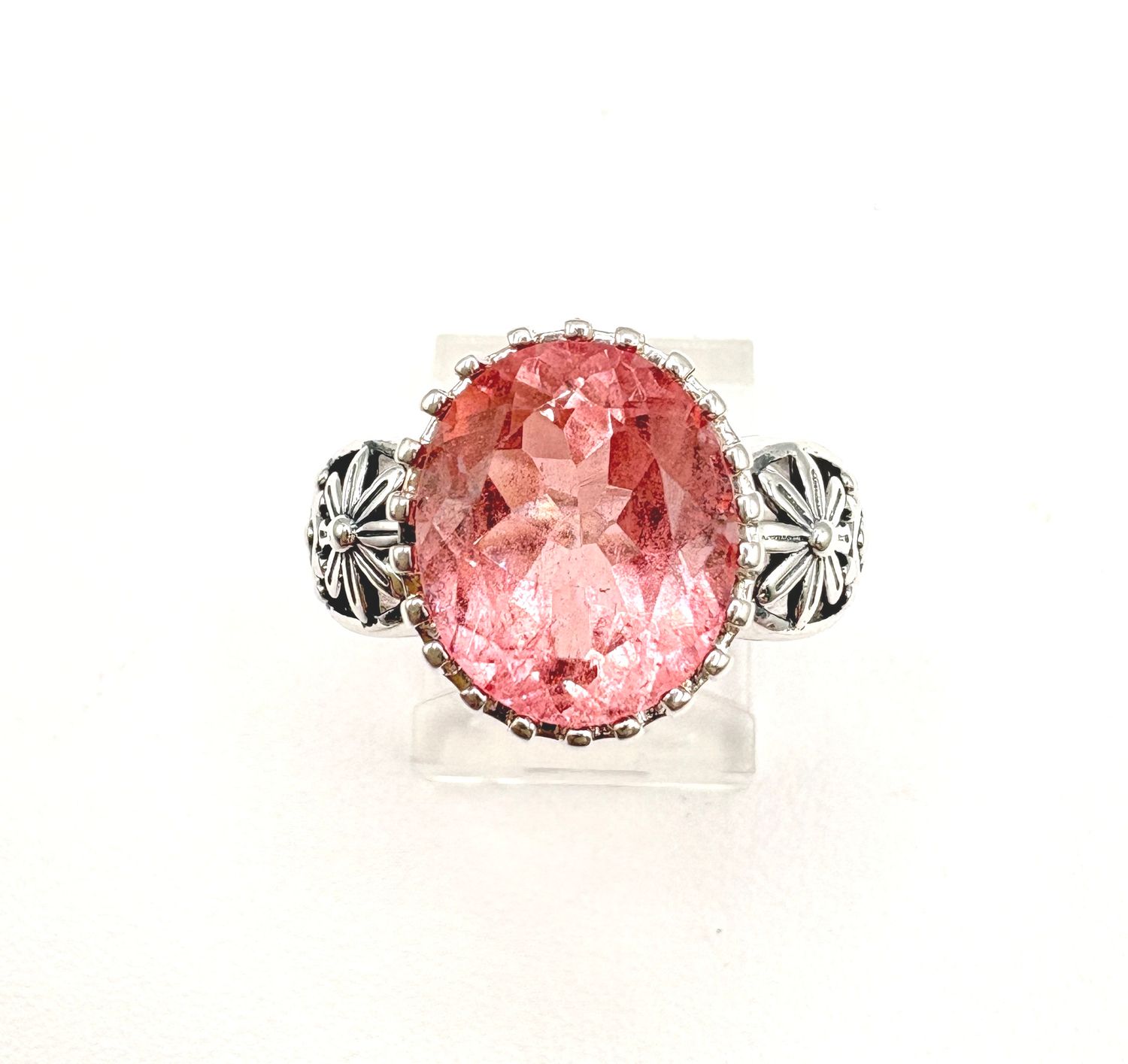 STERLING PINK STONE WITH FLORAL SHANK RING SIZE 7