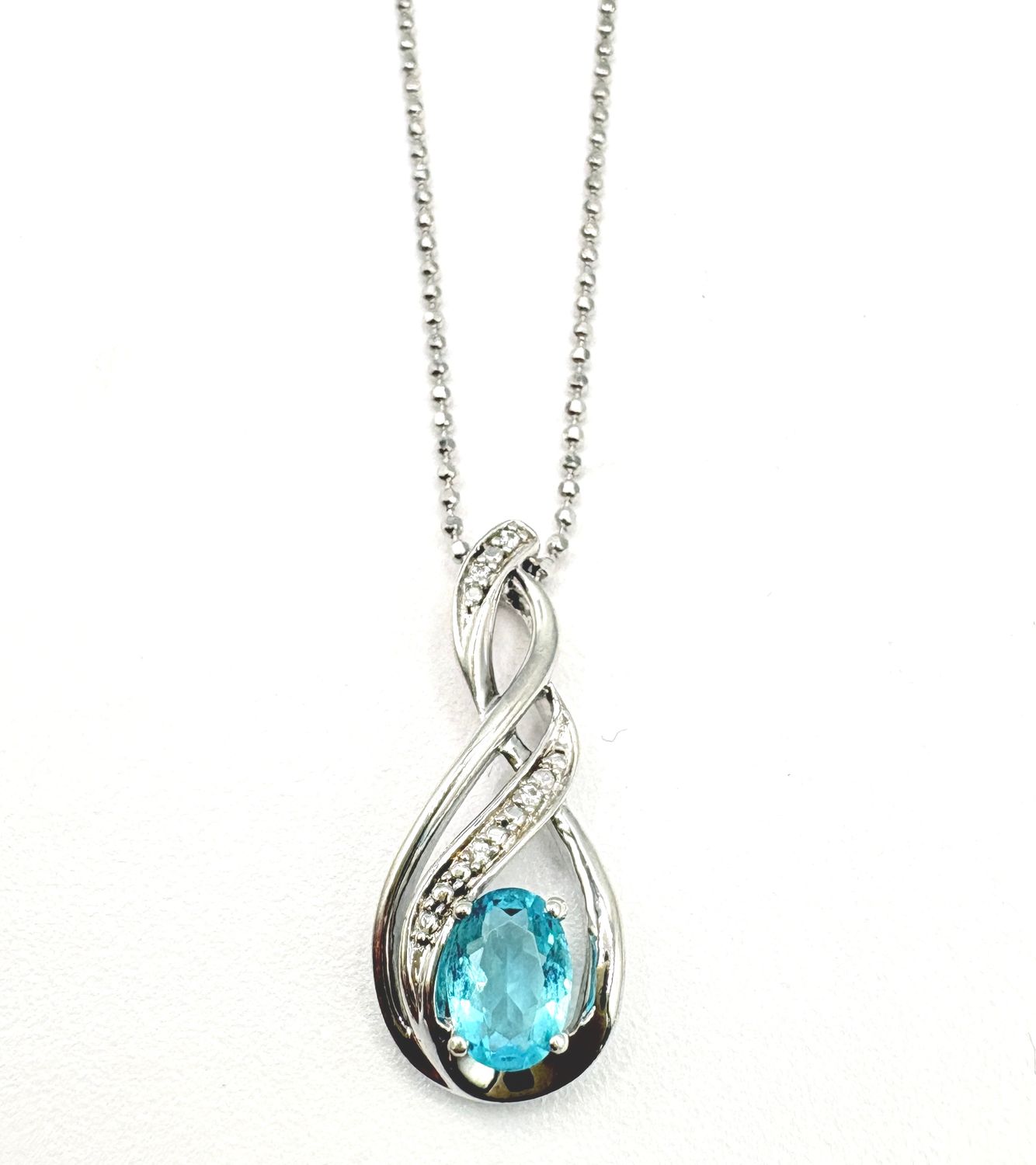 STERLING BLUE TOPAZ WITH DIAMOND ACCENT PENDANT WITH BEADED CHAIN 20"