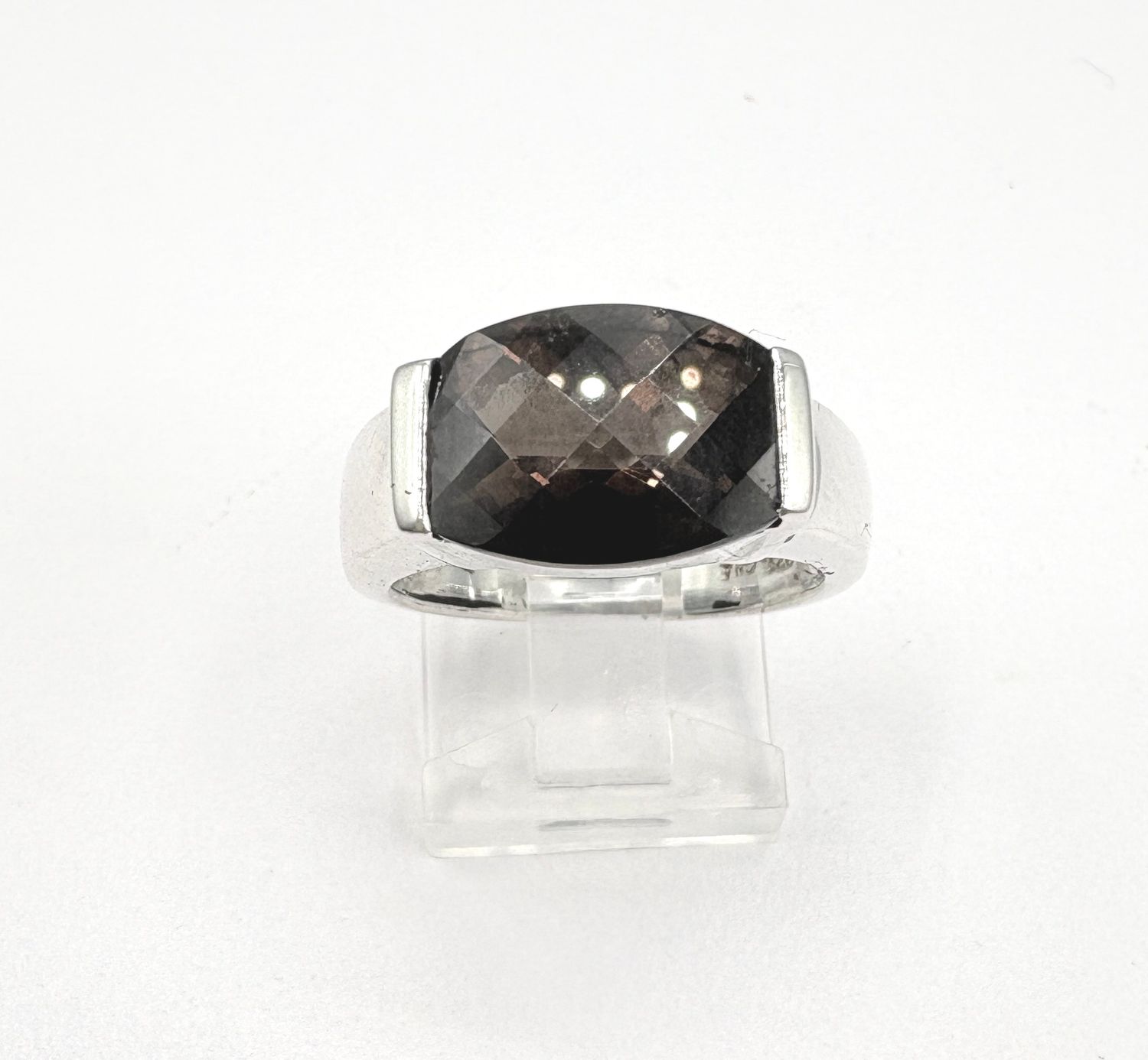 STERLING CHECKERBOARD SMOKEY QUARTZ RING SIZE 7
