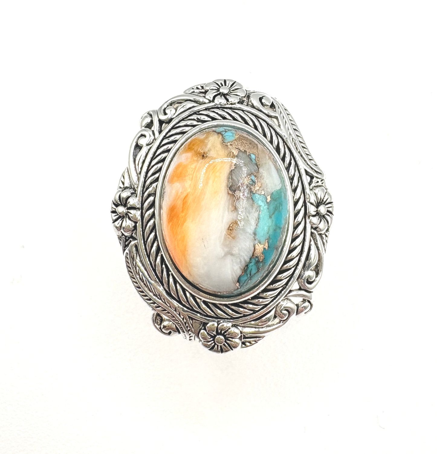 STERLING TURQUOISE, SPINEY OYSTER, &amp; COPPER COMPOSITE RING SIZE 9.5