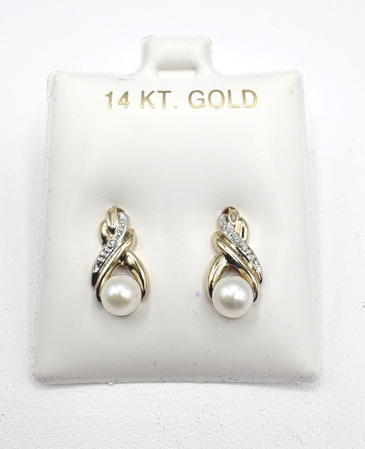 14KY PEARL &amp; DIAMOND TWIST STUD EARRING