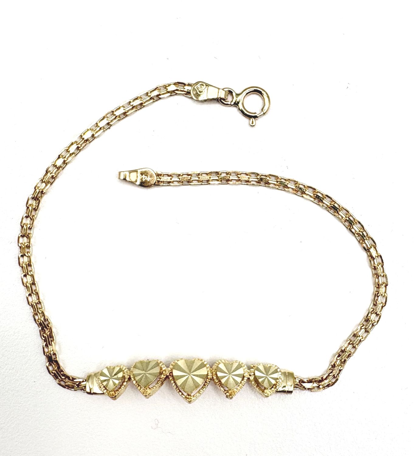 14KY DIAMOND CUT 5 HEART BRACELET 7"