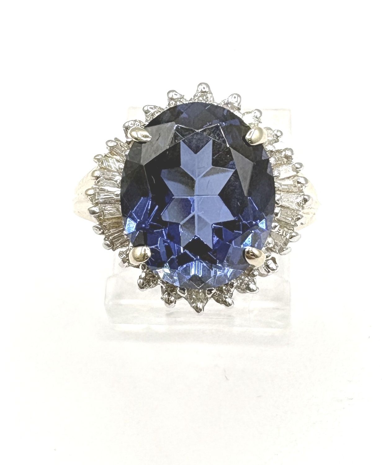 14KY CREATED SAPPHIRE &amp; LAB DIAMOND RING SIZE 7