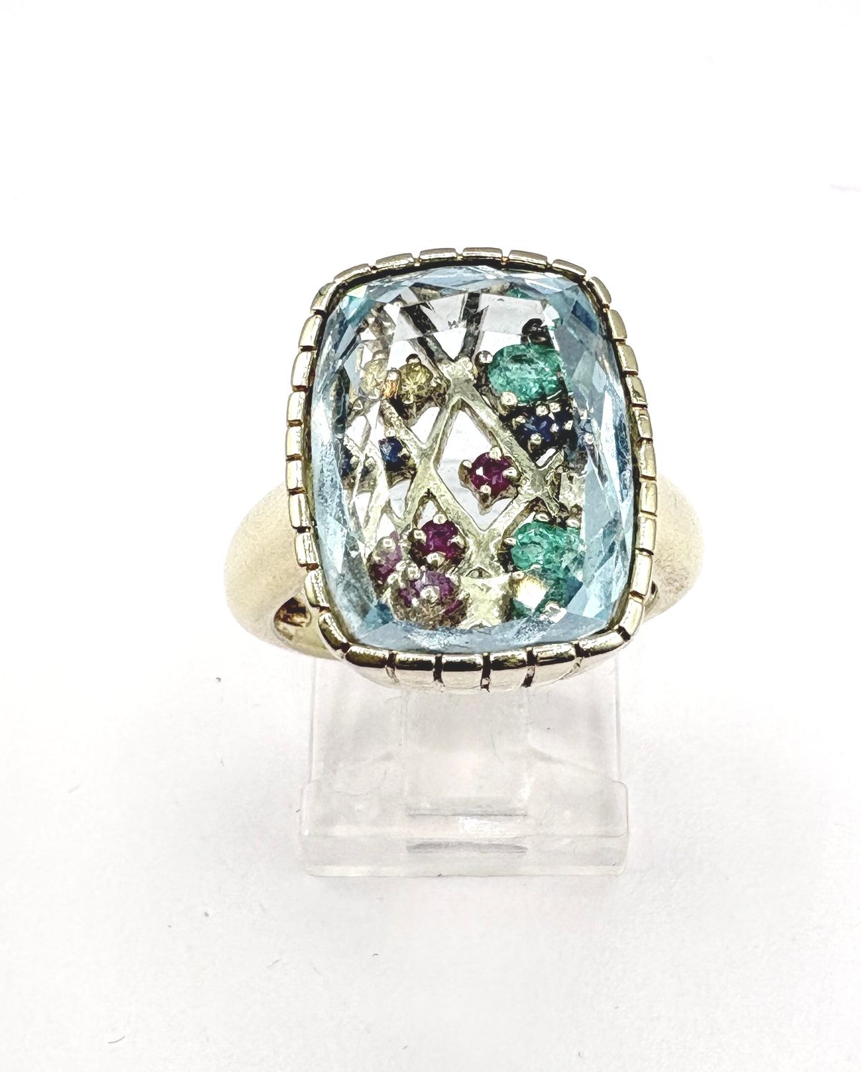 STERLING GOLD PLATED BLUE TOPAZ &amp; MIXED GEMSTONES  RING SIZE 7