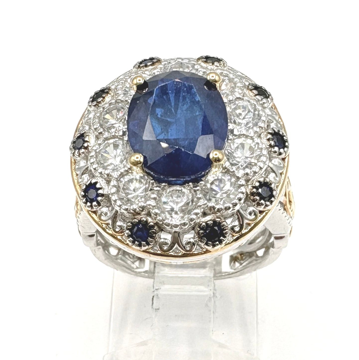 STERLING 18K GOLD PLATED BLUE SAPPHIRE &amp; CZ RING SIZE 7