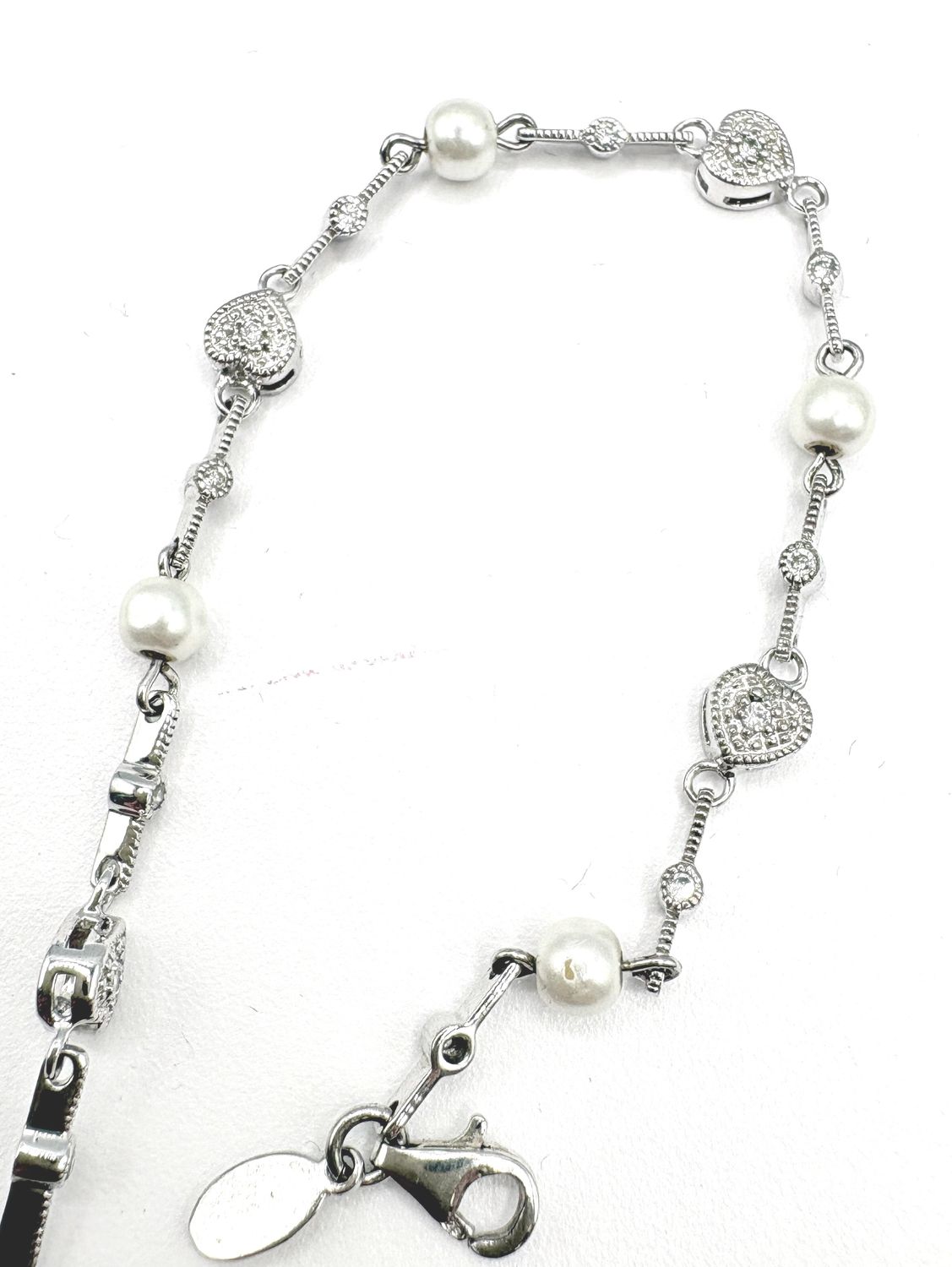 STERLING PEARL &amp; HEART BRACELET 7"