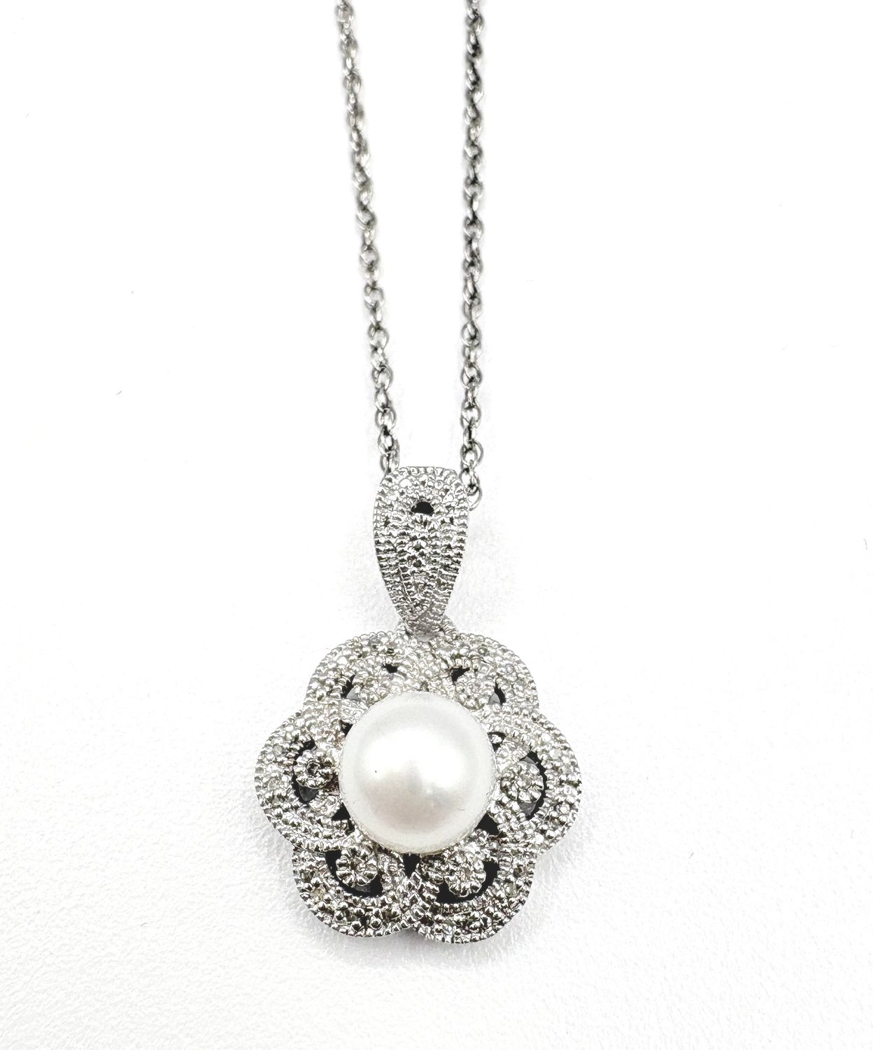 STERLING PEARL &amp; MOSSANITE FLORAL PENDANT WITH CHAIN 18"