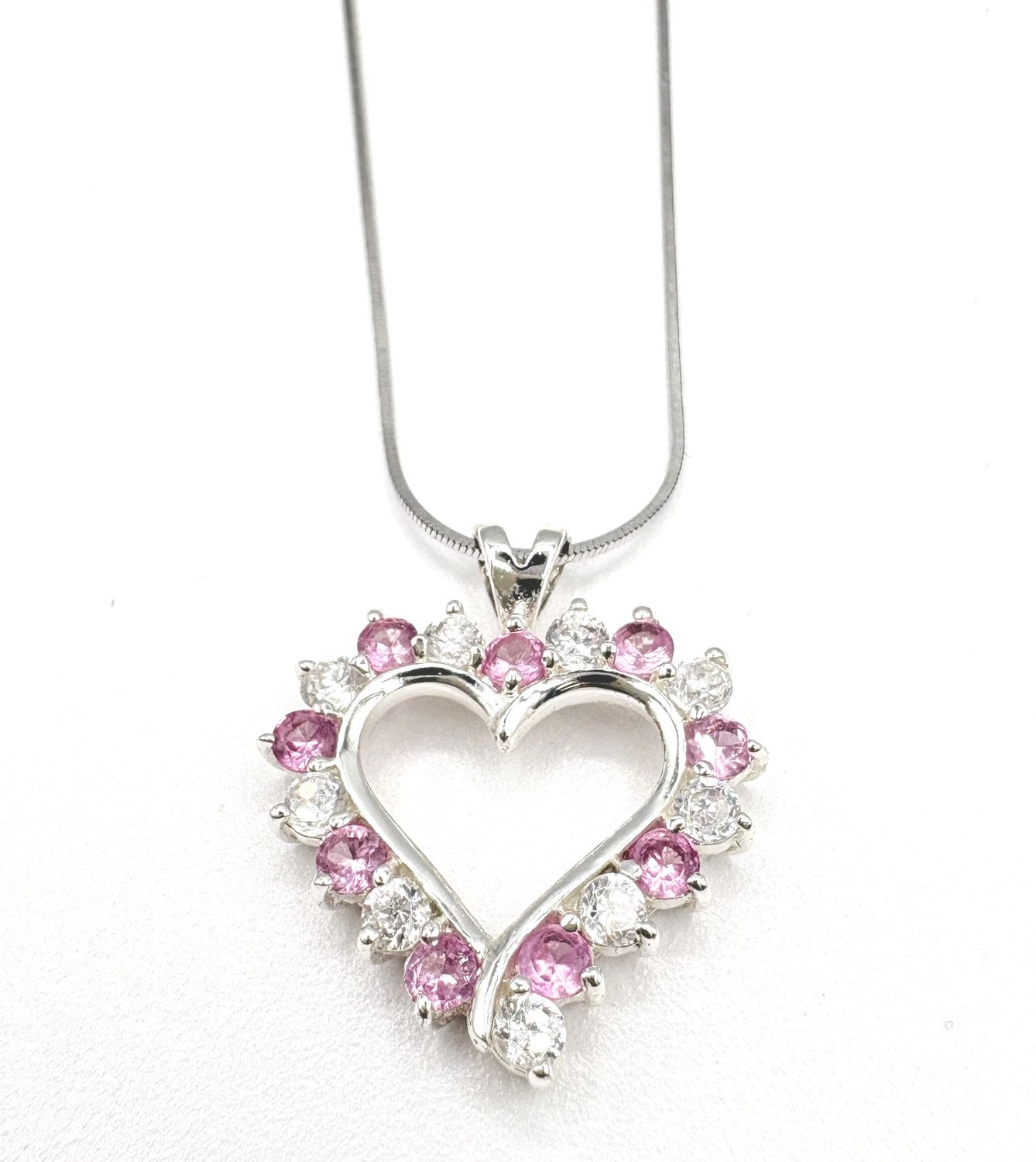 STERLING CZ &amp; PINK ICE HEART PENDANT WITH CHAIN 16"