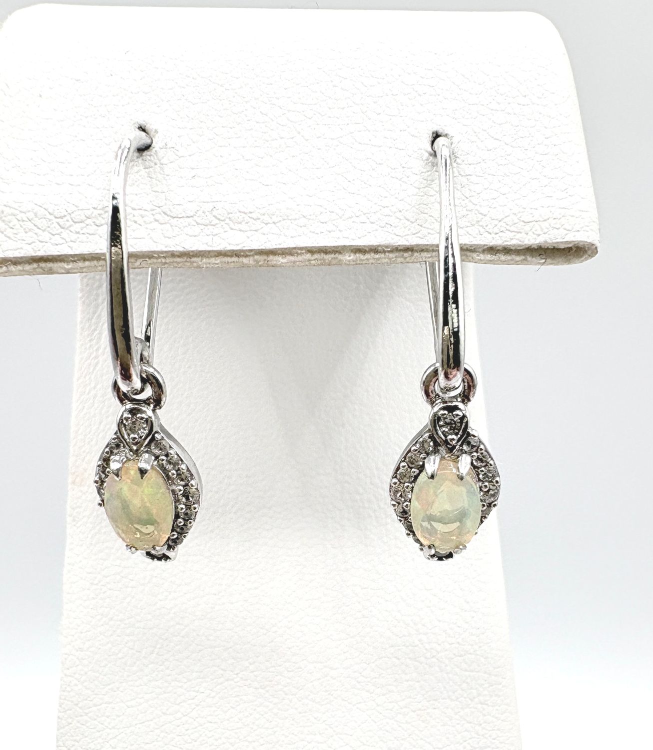 STERLING OPAL &amp; LAB DIAMOND DANGLE EARRING