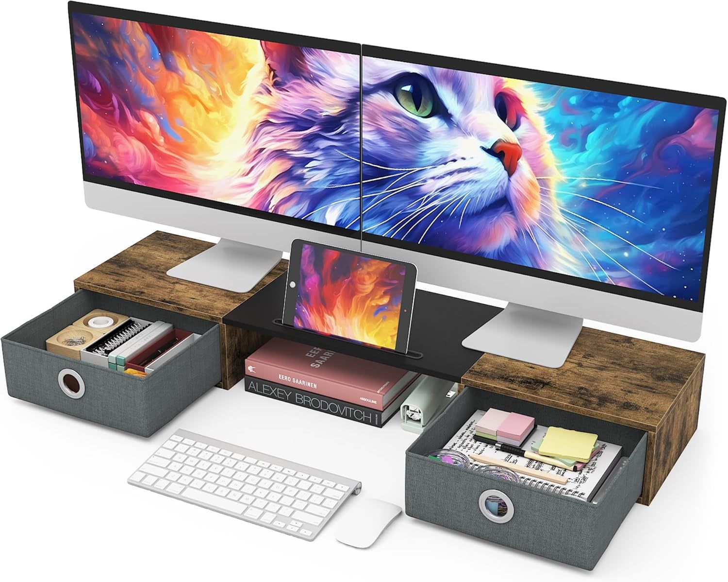 Dual Monitor Stand Riser with Two Drawers, Extra Large Storage for 2 Monitors, Desktop Oraganizer Computer,Laptop,Screen,Printer,Tv