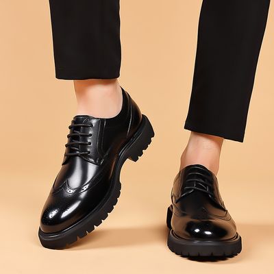 Lace up Pointed Toe Brogue Pattern Cowhide Real Leather Wedding Shoes Comfortable Durable Men Dress Shoes Oxfords