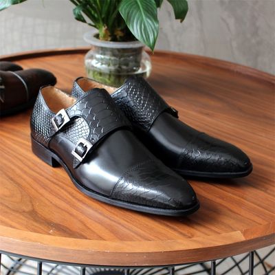 Plus Size 47 Mens Dress Shoes Genuine Leather Double  Monk Strap Men Shoes Snake Print Classic Italian Shoes