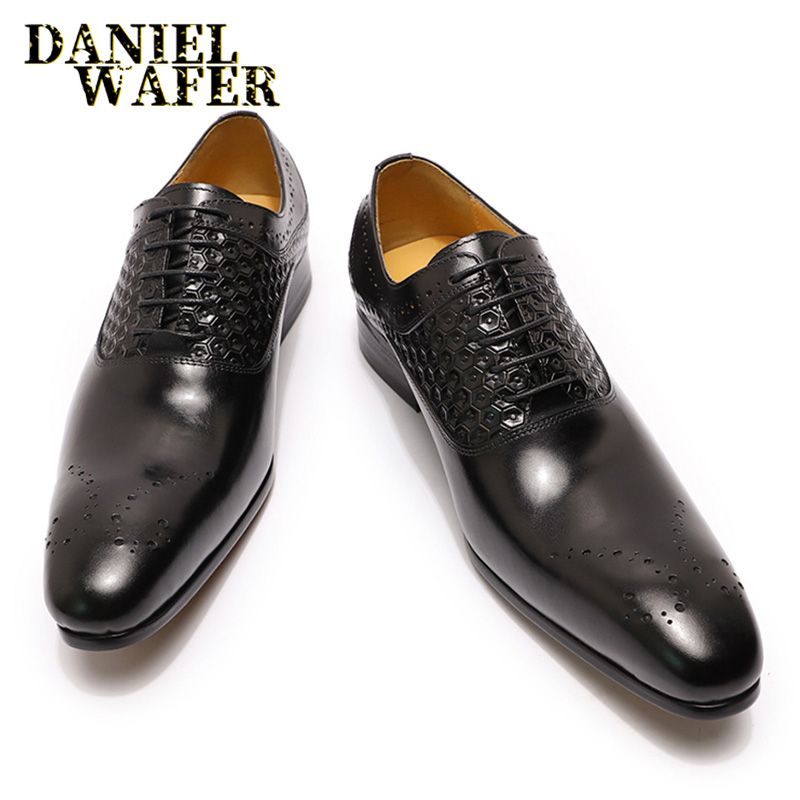 Oxfords  Toe Lace-up Shoes Men Genuine Leather Business Dress Shoes Men for Wedding Party Office Fashion Shoes