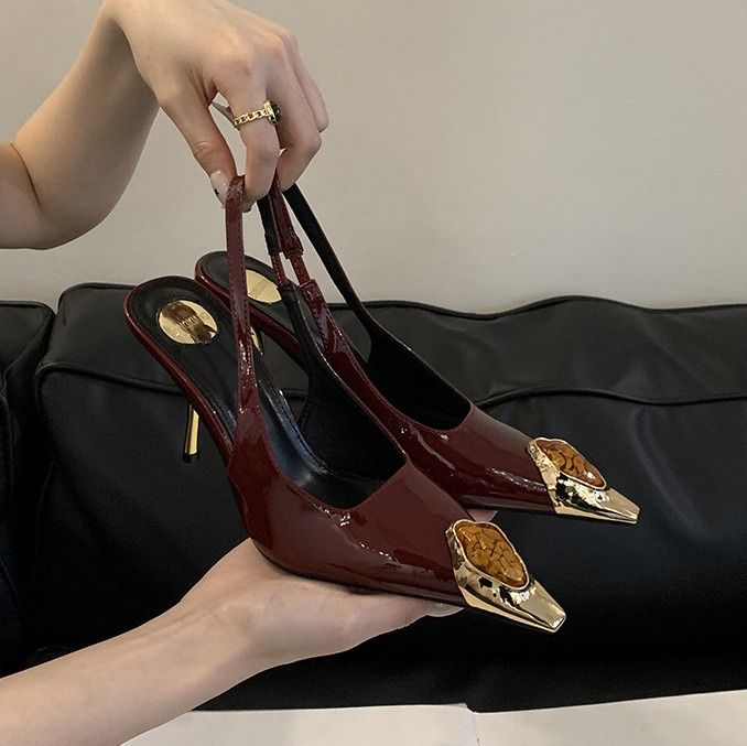 Women&#39;s Elegant Black PU Leather High Single Shoe High Heel  Hollow Shallow Mouth Pointed Metal Soft Summer Outdoor Style