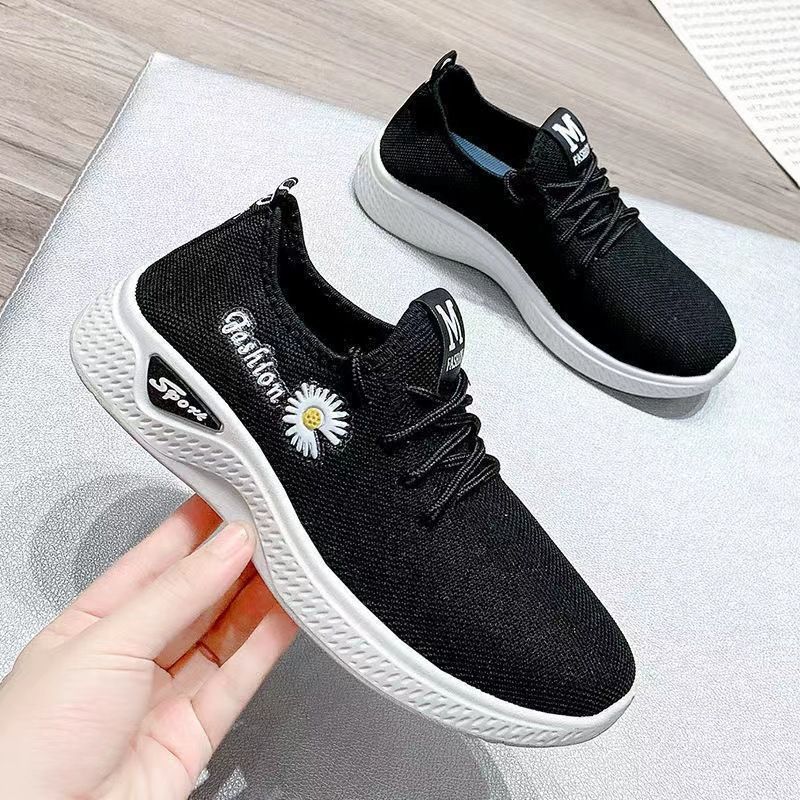 Women&#39;s White Leather Tennis Sneakers Casual Flying Knitting Mesh Shoes with Lace-up Canvas Breathable for Autumn Season