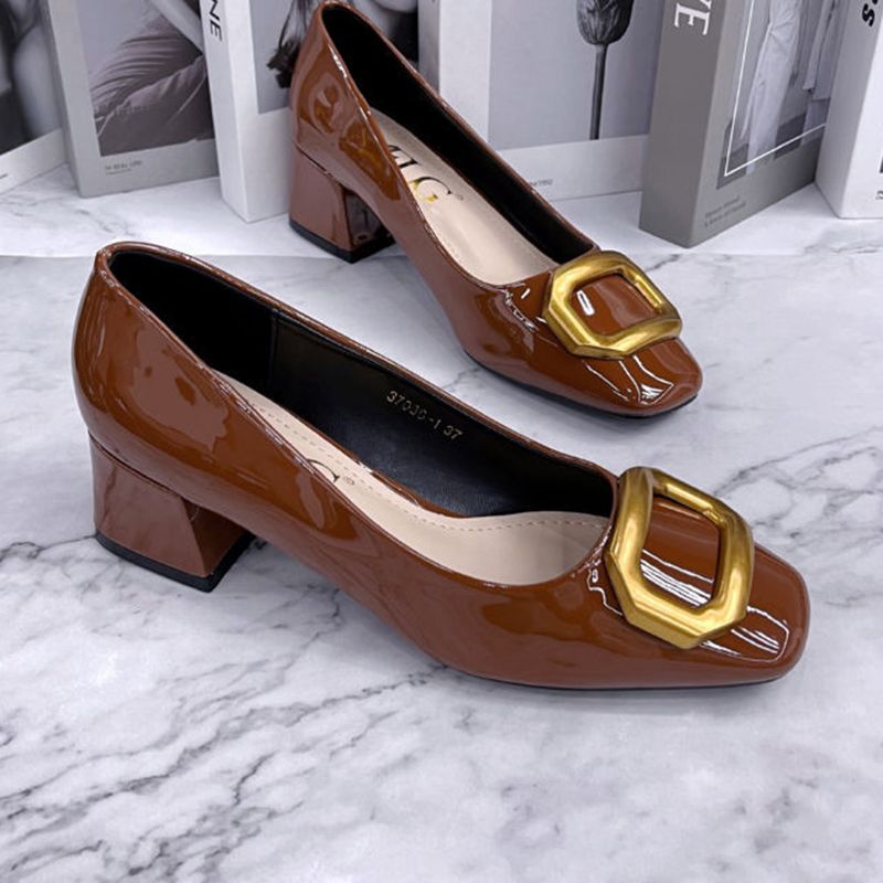 Y New Style Patent Leather square Buckles Medium High Block Heels Women&#39;s square Toe Mirror Shoes for Women and Ladies Female