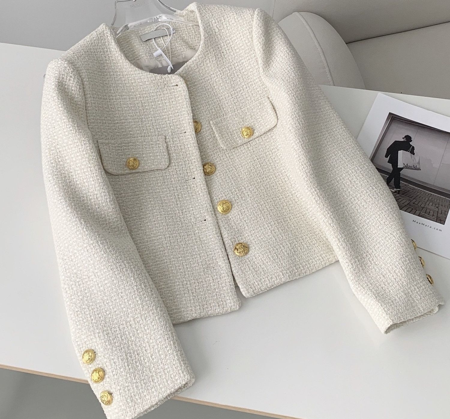 Women&#39;S Spring and Fall New Fashion Loose Short Blouse Tweed Jacket Coat