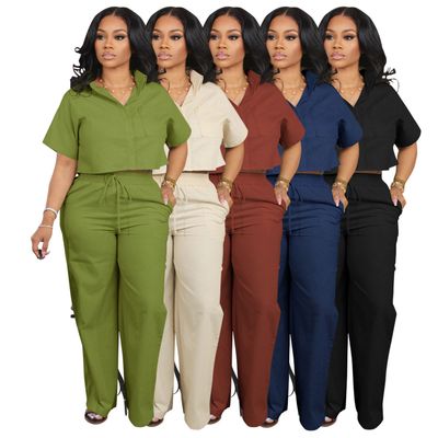 Custom Women&#39;s  2-Piece Set Office Short Sleeve Shirts &amp; Wide Leg Pants Casual Loungewear Women Sets for Summer