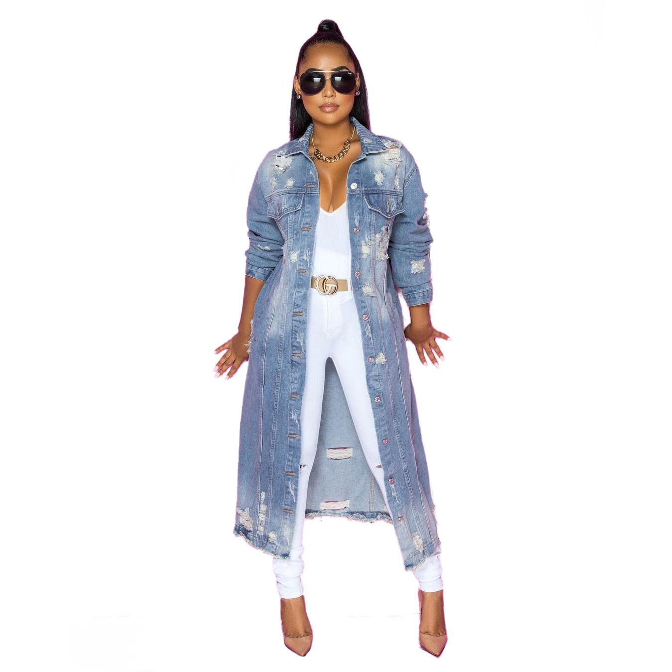 Wholesale Winter Ripped Jean Trench Coats Fashion Long Denim Jacket Women