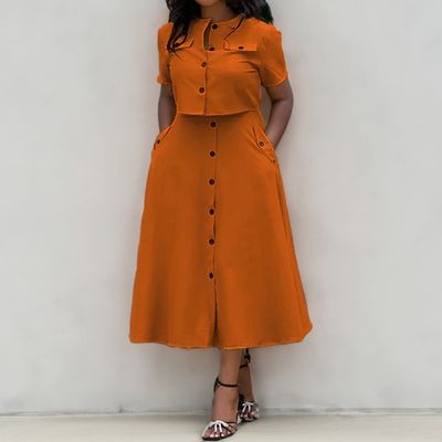 Summer Women Clothing Ladies Casual O Neck Short Sleeve Shirt Crop Top High Waist Button Half Skirt Two Piece Women&#39;s Sets