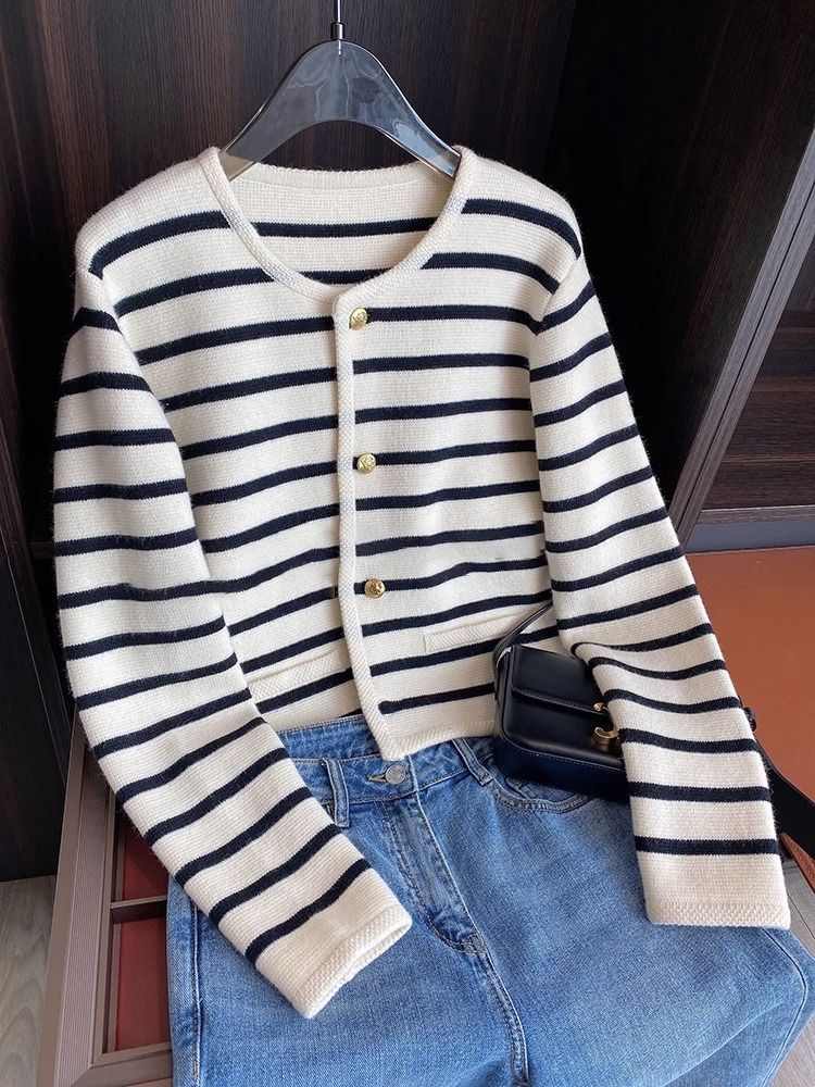 Women Spring Autumn Sweaters O-neck Stripe Knitted Cardigan Fashion Long Sleeve Casual Short Tops Korean Style New