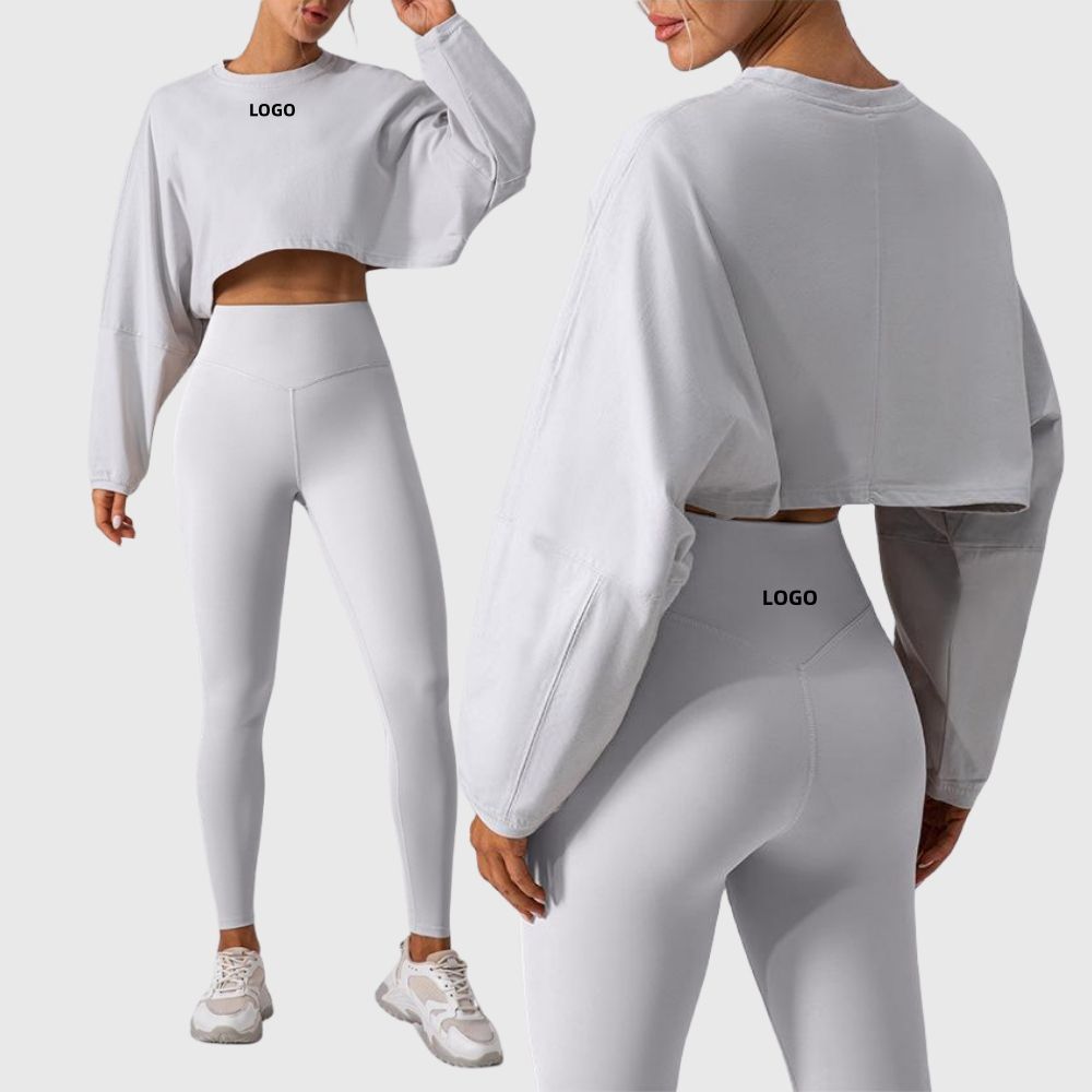 Wholesale Loose Long Sleeve Crop Top Work Out Leggings Sets for Women Two Piece Clothing Athletic Wear Jogging Suits Gym Clothes
