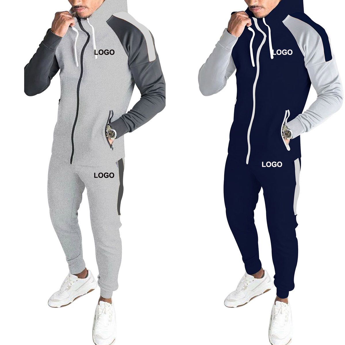 Ensemble de survêtement homme automne-hiver personnalisé comprenant une veste polaire fine zippée, un sweat à capuche et un pantalon de jogging.