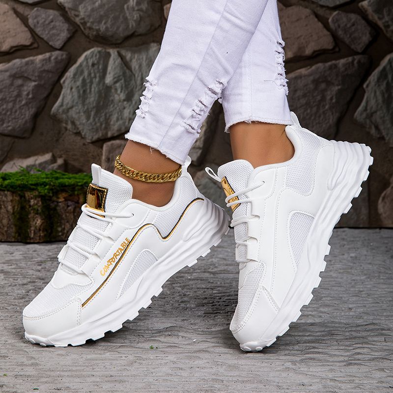 Chaussures de sport blanches à lacets pour femmes, semelle extérieure en caoutchouc, respirantes, style marche,