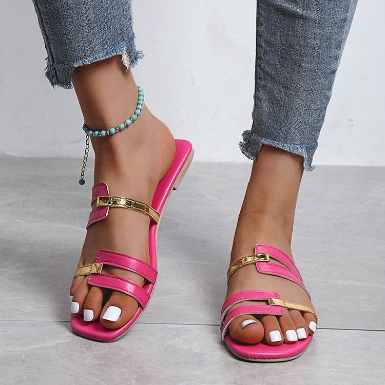 Chaussures décontractées pour femmes, plage, intérieur et extérieur, grandes tailles, pantoufles plates tendance, sandales d'été à bout carré et color block