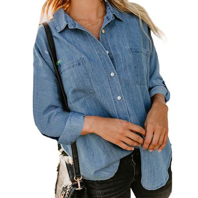 Manteau cardigan en jean à double poche et boutons pour femme, collection printemps-automne 2023, manches longues, col rabattu, coupe ample et décontractée.