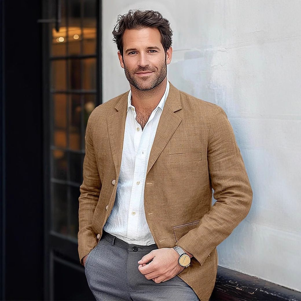 2025 Autumn New Luxury High-End Men's Retro Pure Linen Single Breasted Coat Breathable Breathable Thin Pocket Jacket Casual Suit