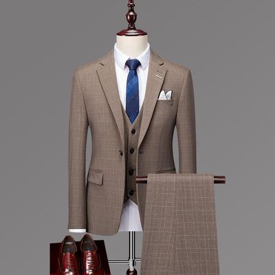 Factory Wholesale in Stock Men Suit 3 Pieces Set Jacket Vest Pants Plaid Grey Groom Suits Breathable Waterproof Button Fly