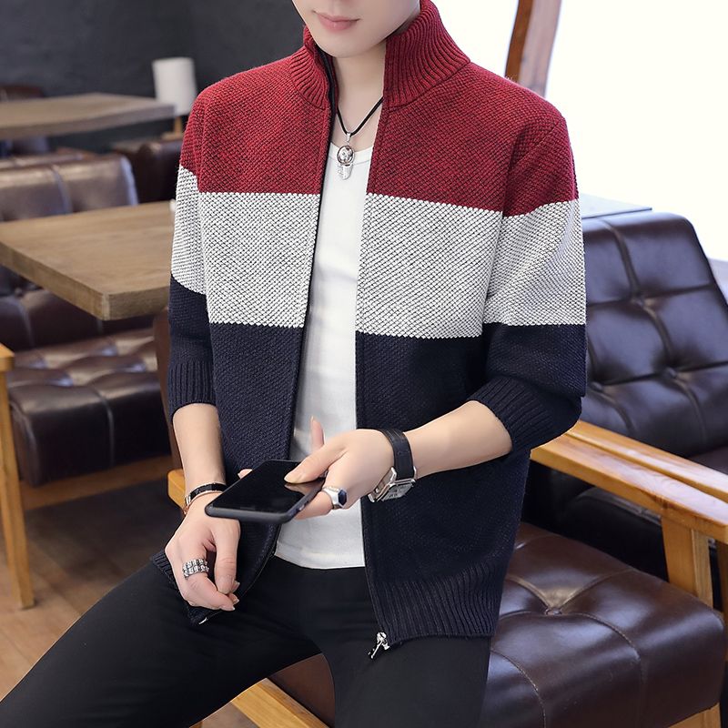ANSZKTN  Autumn and Winter Clothes High Neck Men's Cardigan Thickened Plus Velvet Stand Collar Zipper Sweater Sweater Knitted