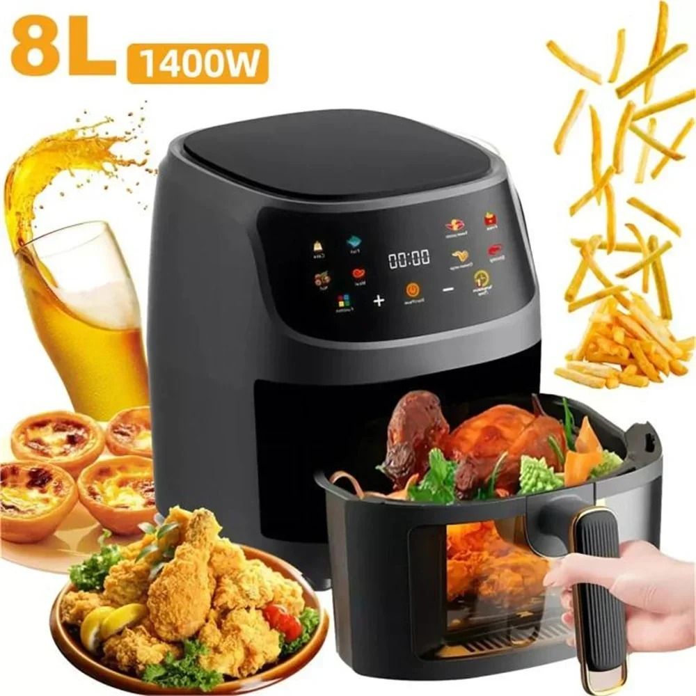 Friteuse à air chaud avec écran LCD, grande capacité (8 L), antiadhésive, sans huile, idéale pour les frites, le poulet rôti et bien plus encore. Fenêtre de visualisation.