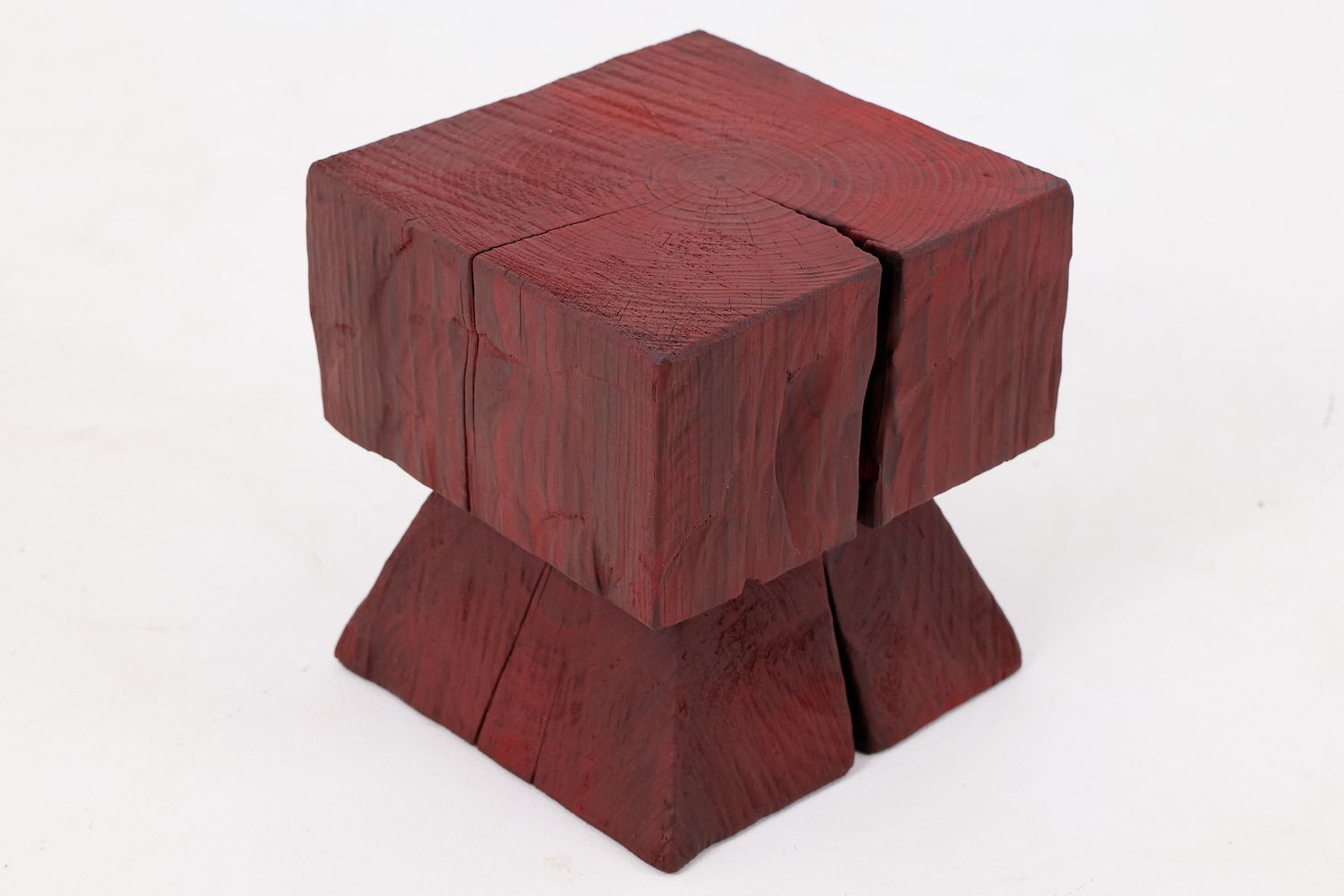 Compact Red Stool/Side Table Sculpted From Solid Wood Compact Red Stool/Side Table Sculpted From Solid Wood