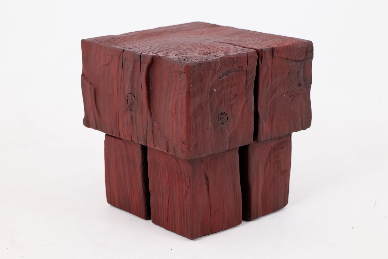 Compact Red Stool/Side Table Sculpted From Solid Wood Compact Red Stool/Side Table Sculpted From Solid Wood