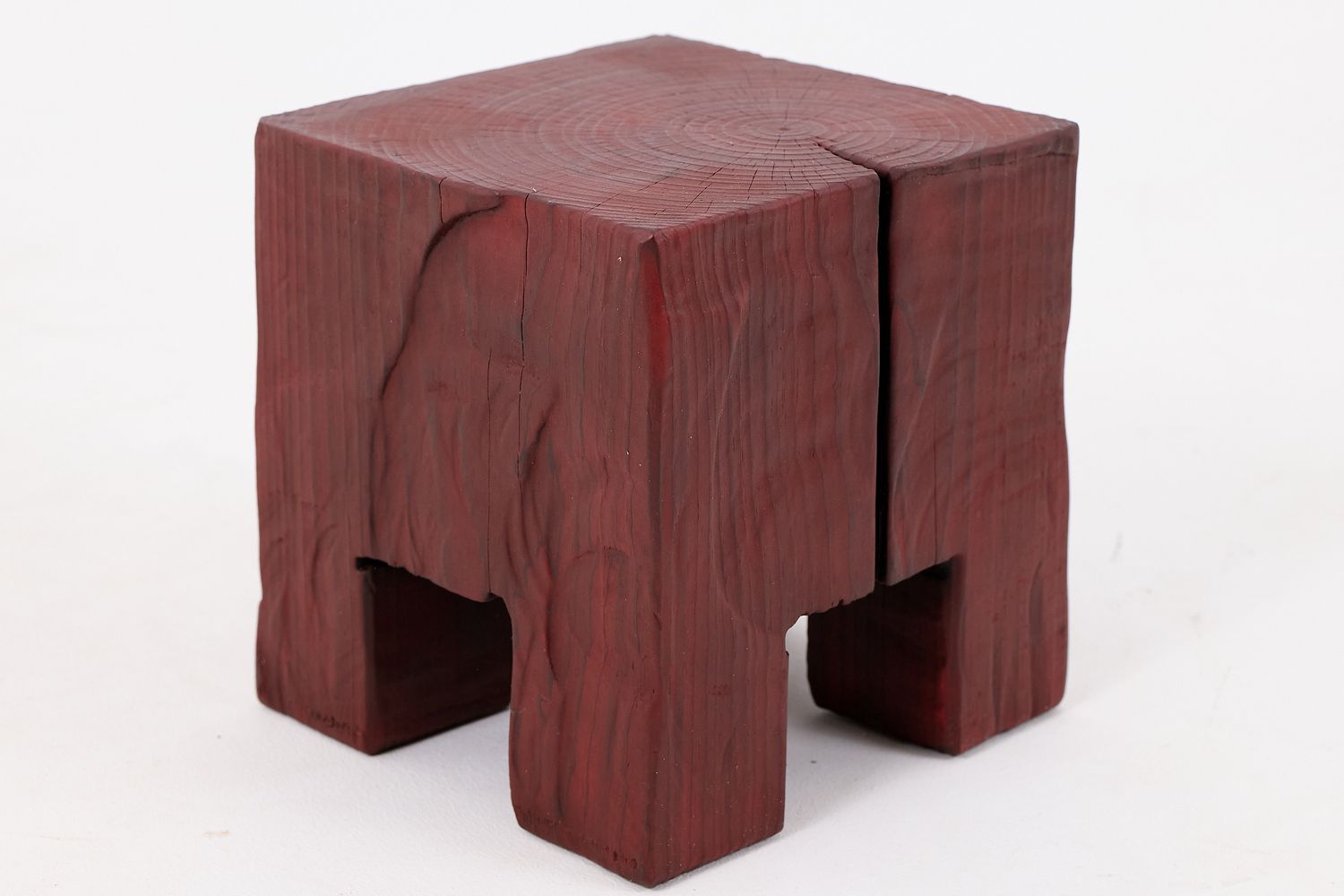 Compact Red Stool/Side Table Sculpted From Solid Wood Compact Red Stool/Side Table Sculpted From Solid Wood