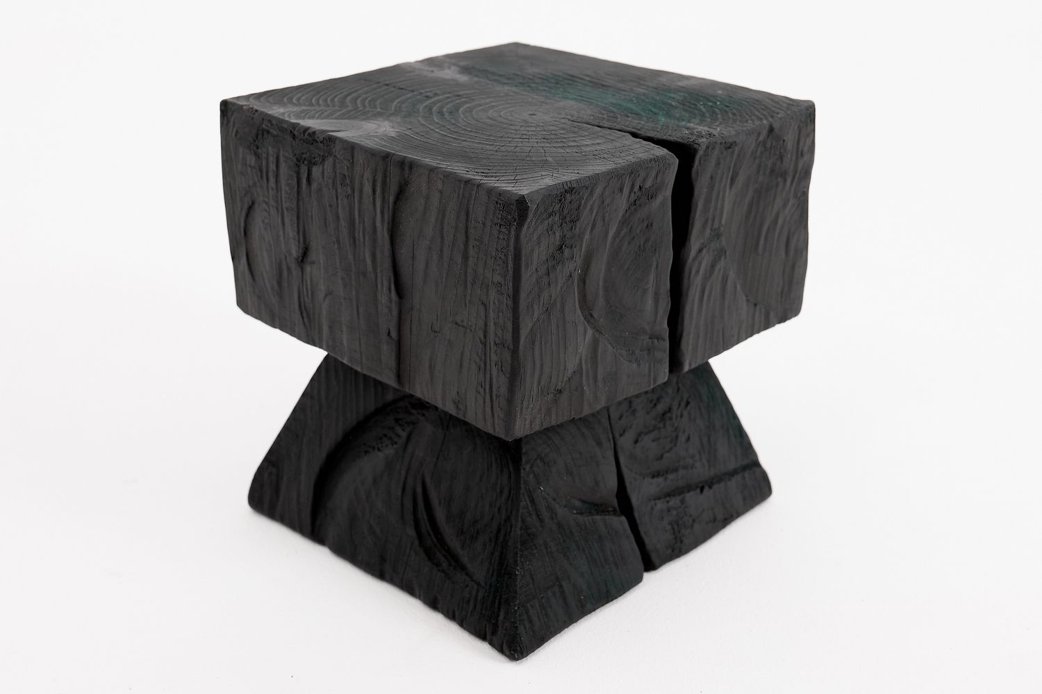 Compact Dark Green Stool/Side Table Sculpted From Solid Wood Compact Dark Green Stool/Side Table Sculpted From Solid Wood