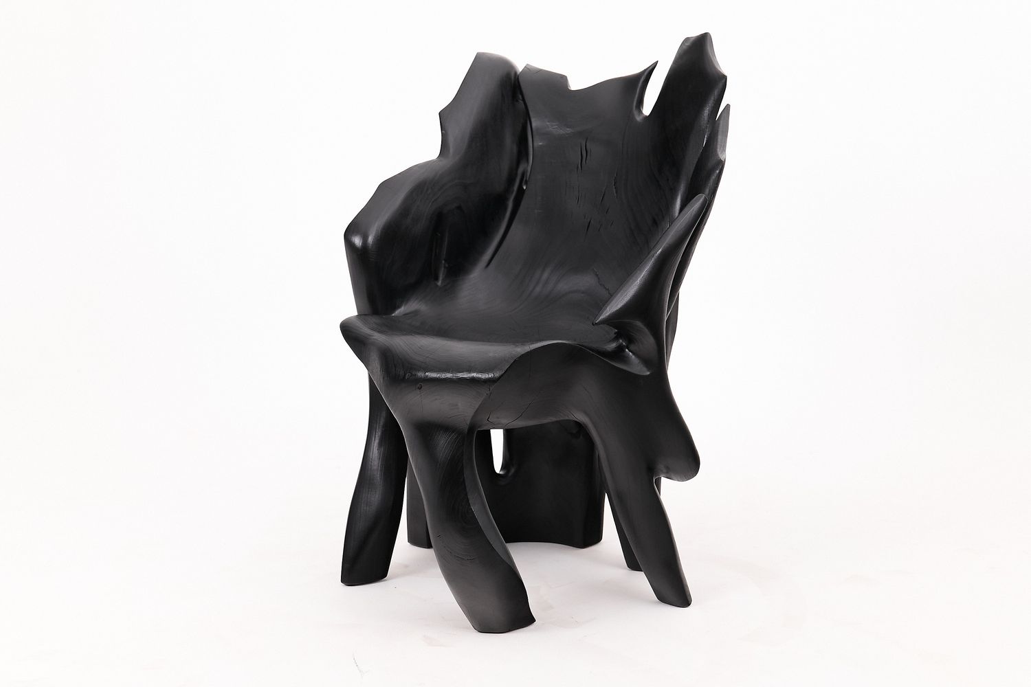Sculptural Black Charred Wood Armchair in Organic Form by Logniture