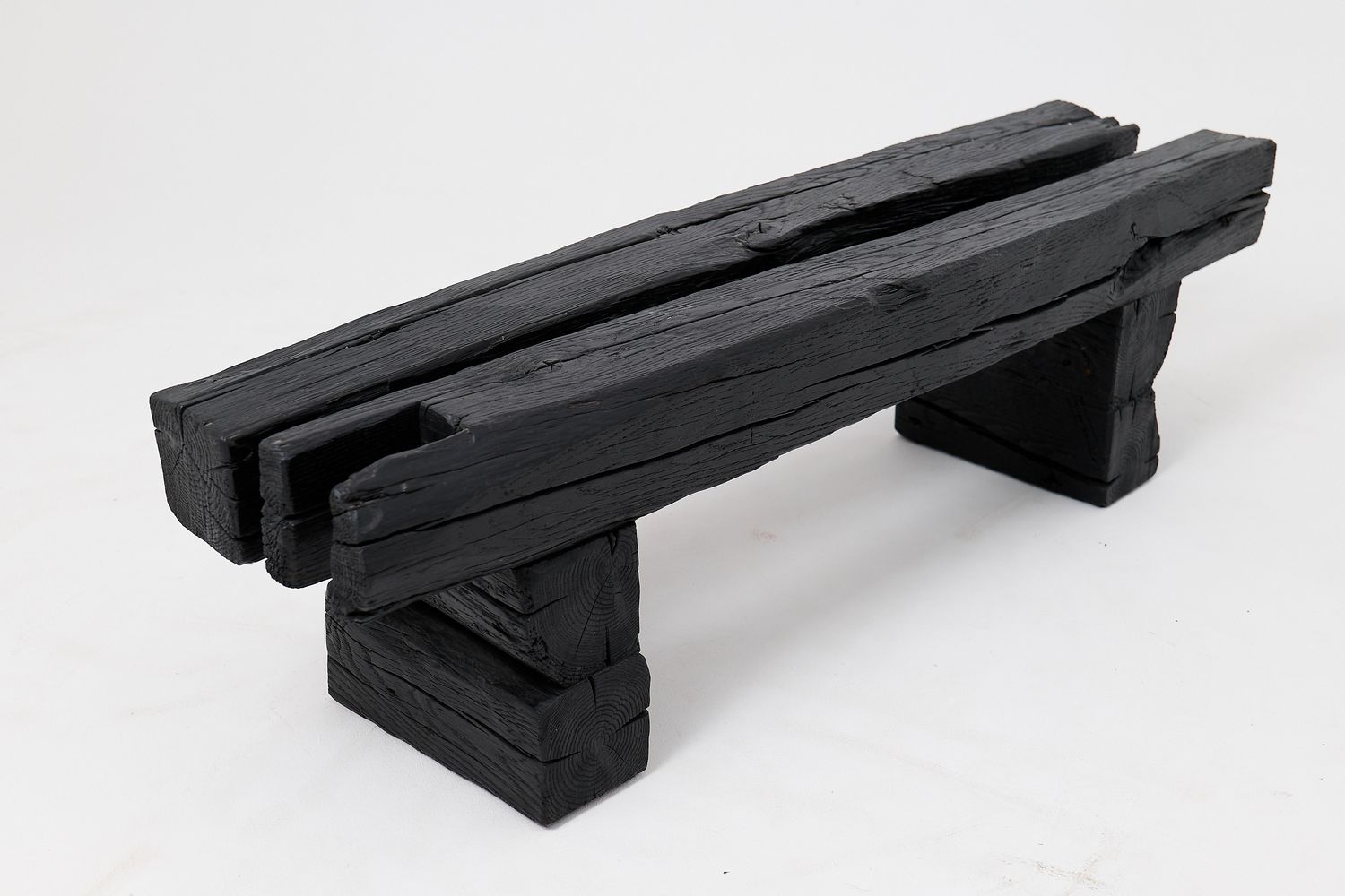 Garden Bench, Rustic Blackened Wood, Raw Organic Form Indoor, Outdoor