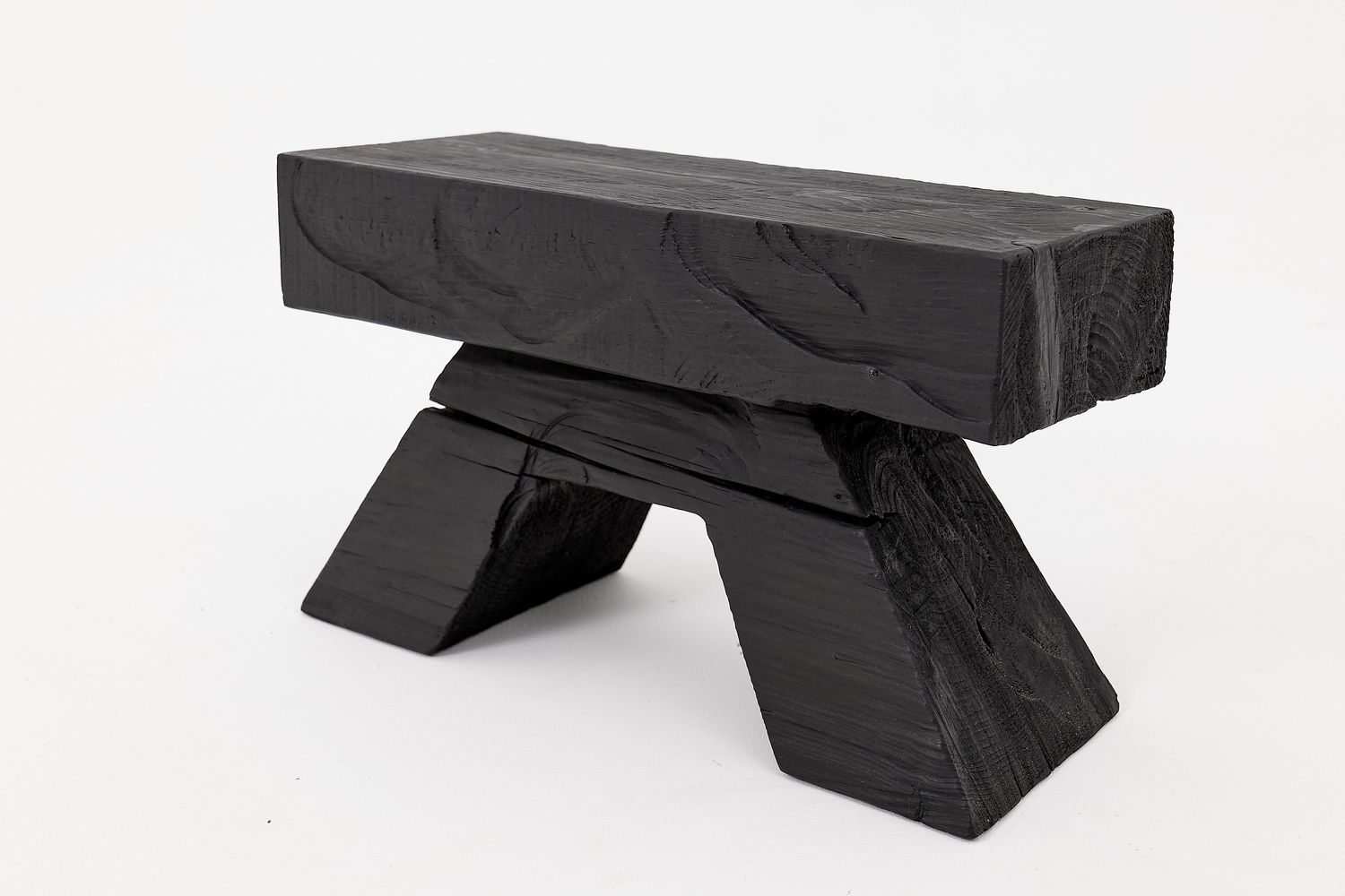Sculptural Charred Wood Stool with Geometric Base in Solid Hardwood, Logniture