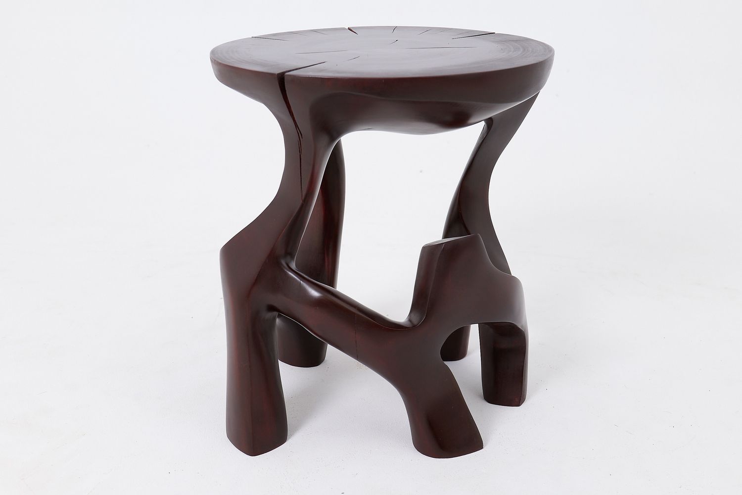 Solid Wood Sculptural Side Table, Contemporary Design, Red Wood