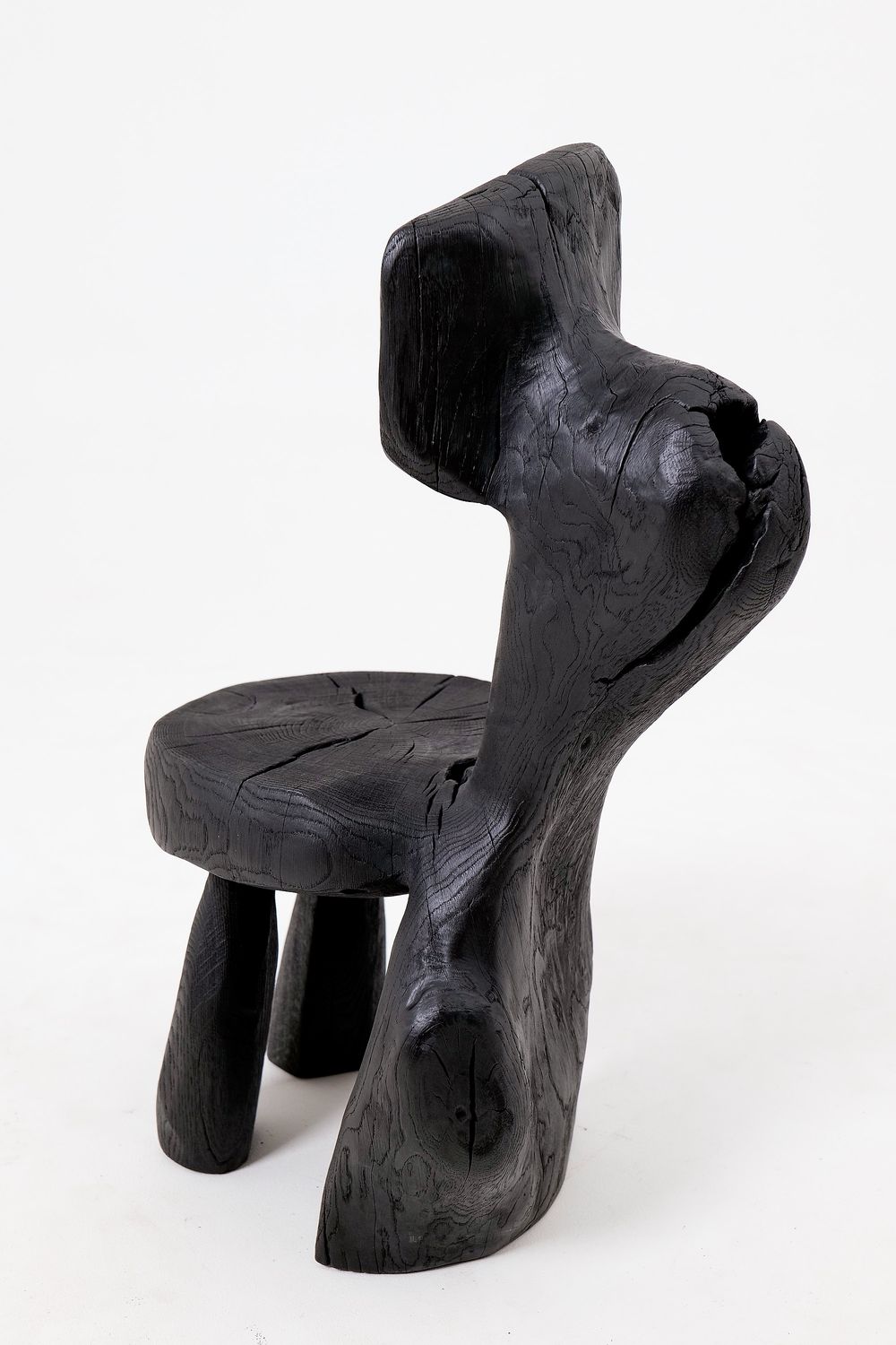 Brutalist Sculptural Chair, Carved, Solid Wood, Oak, Black, Rustic