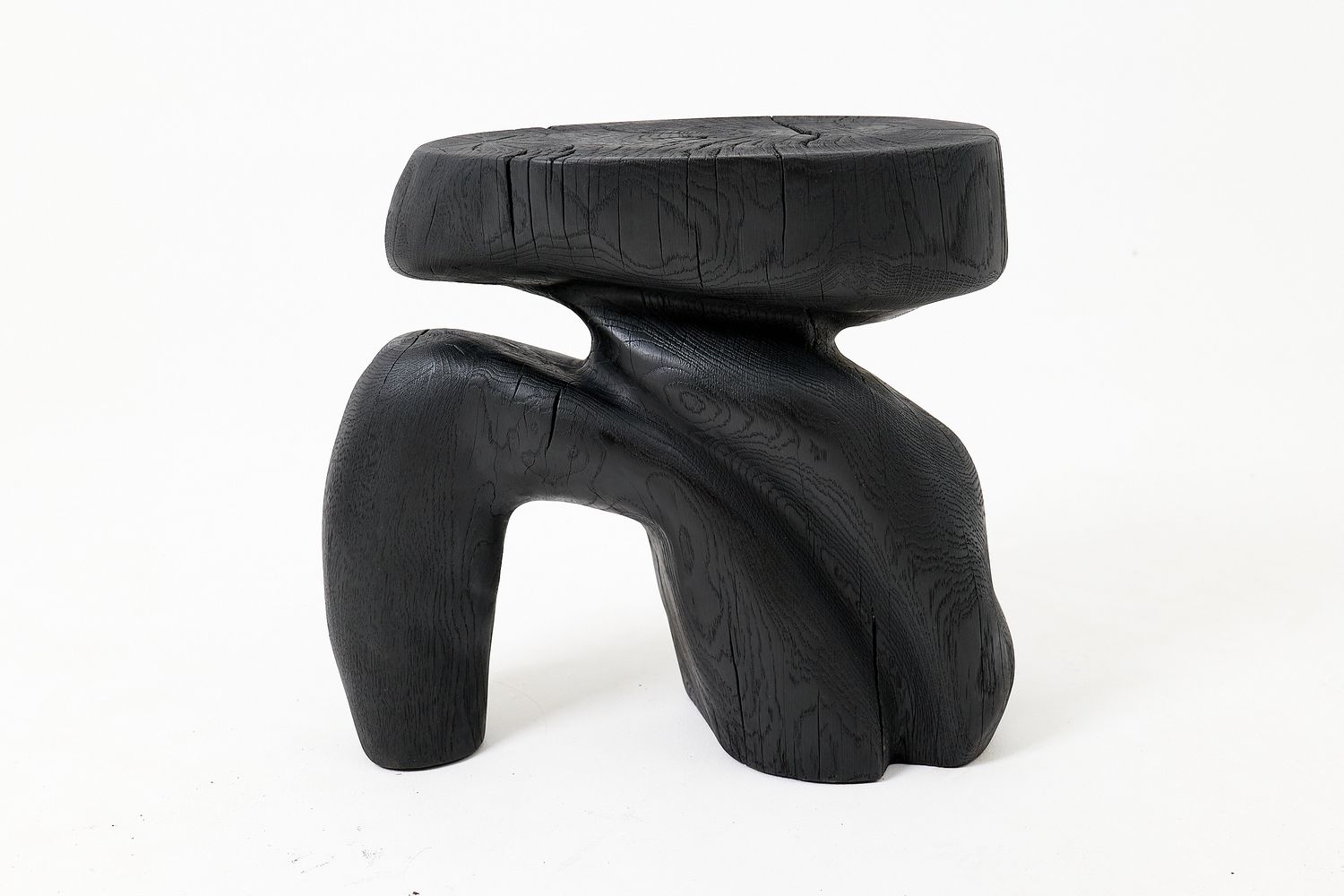 Sculptural Hardwood Stool, Side Table, Charred Wood, Hand-Carved Sculptural Hardwood Stool, Side Table, Charred Wood, Hand-Carved