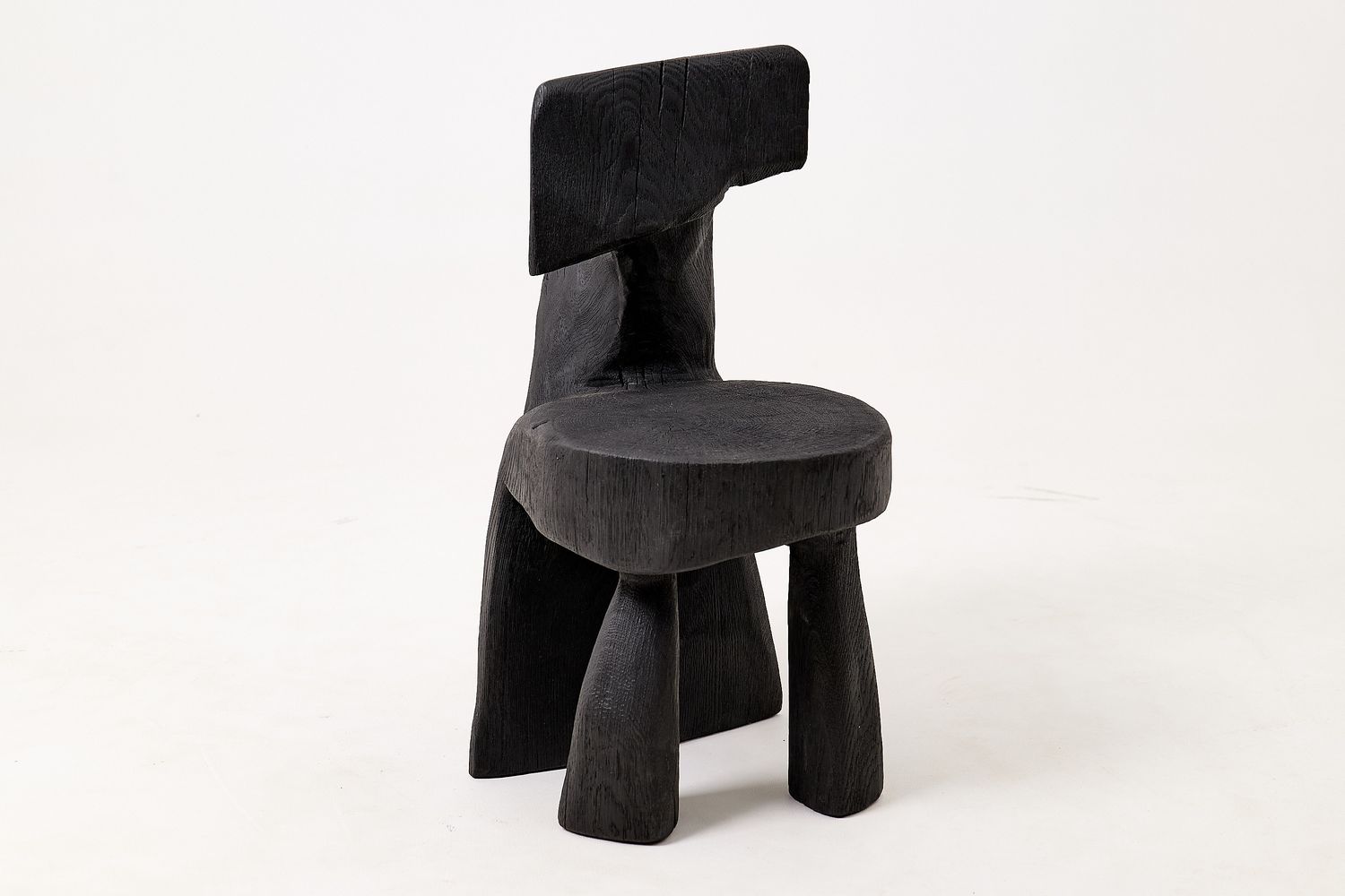 Brutalist Sculptural Chair, Carved, Solid Wood, Oak, Black, Rustic